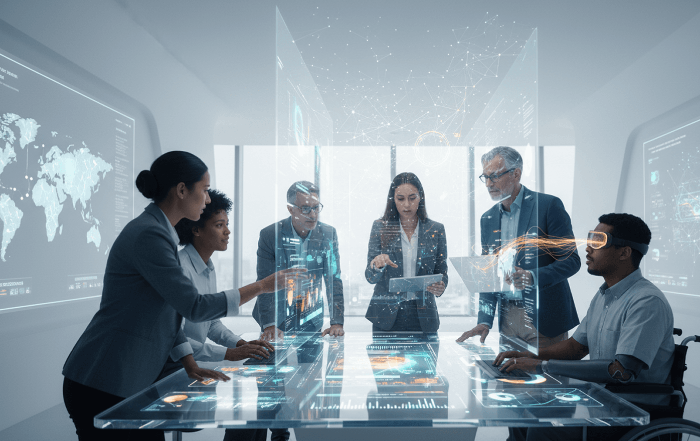Inclusive consulting team using transparent digital planning displays
