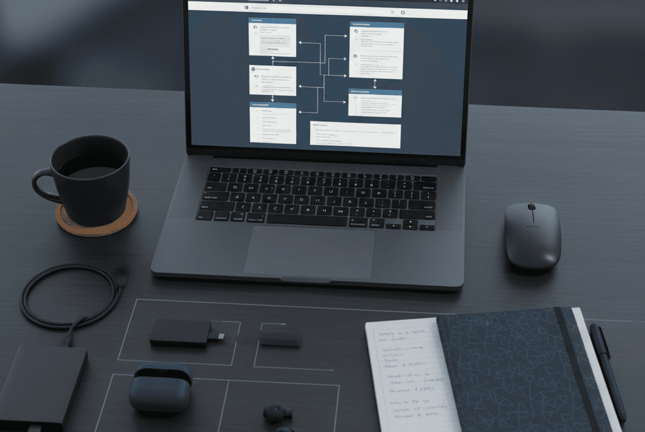 Laptop showing a digital workflow map on a desk