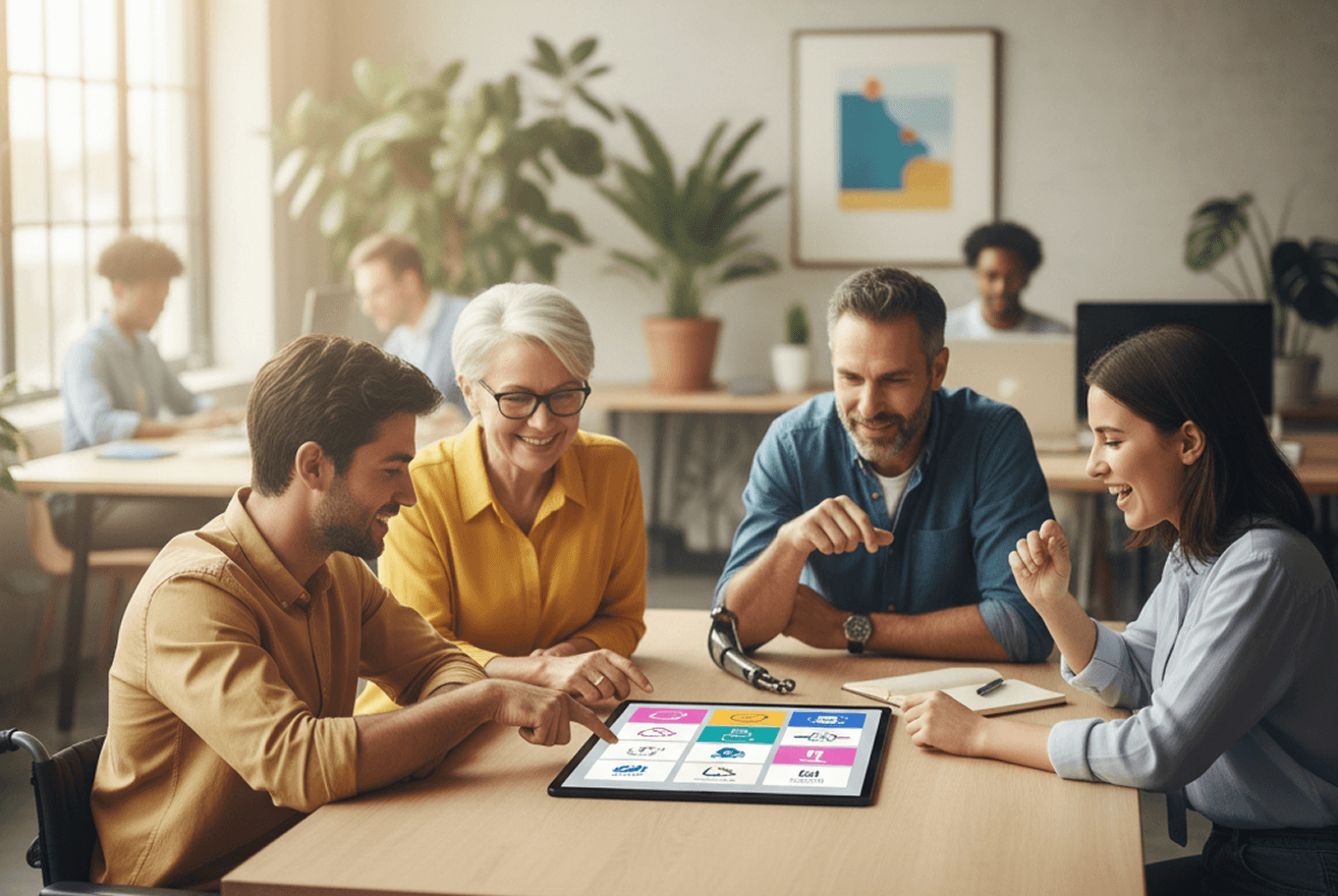 Inclusive team collaborating around an accessible technology interface